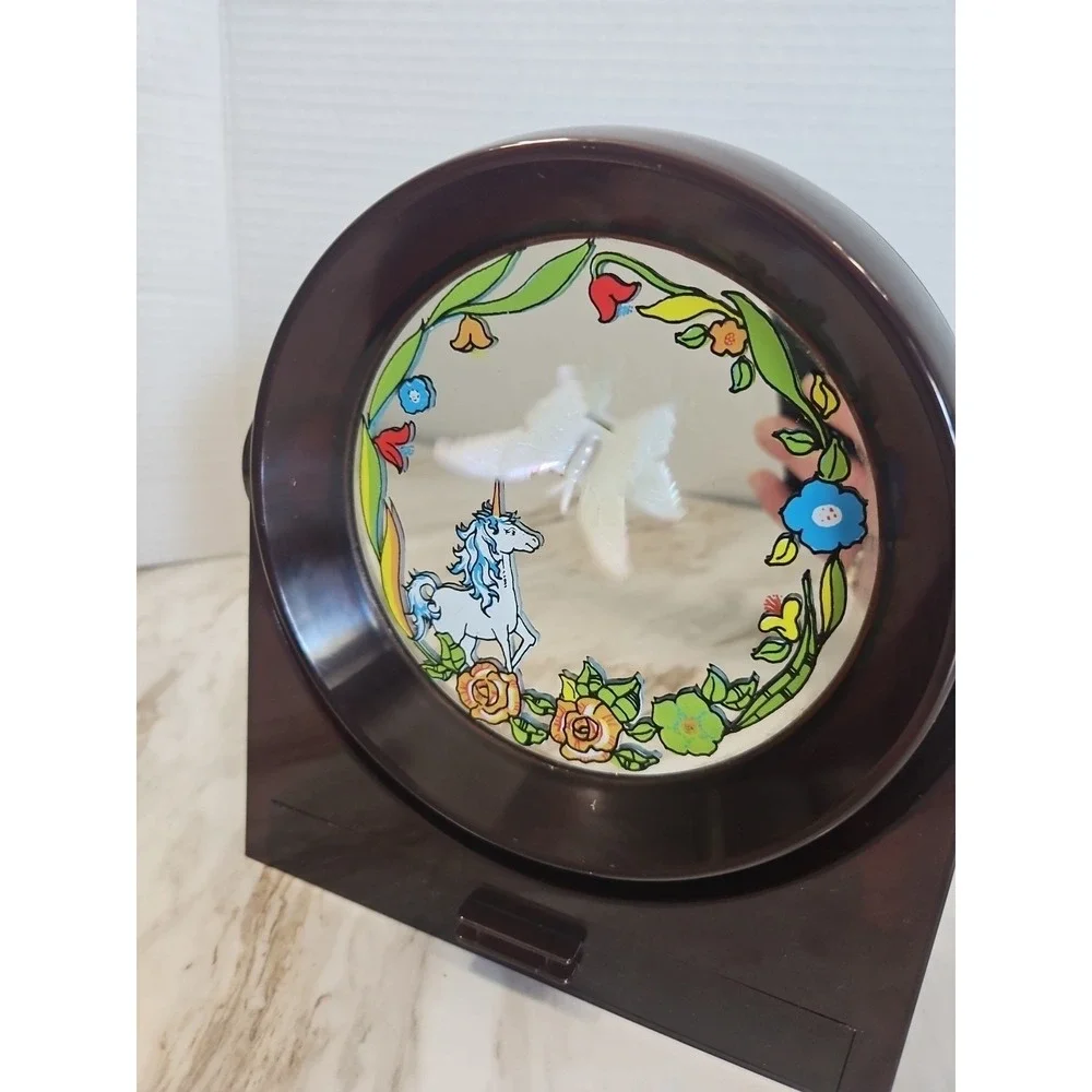 Vtg 70s Yaps Floral Unicorn Vanity Mirror Music Box w/ Drawer Moving Butterfly